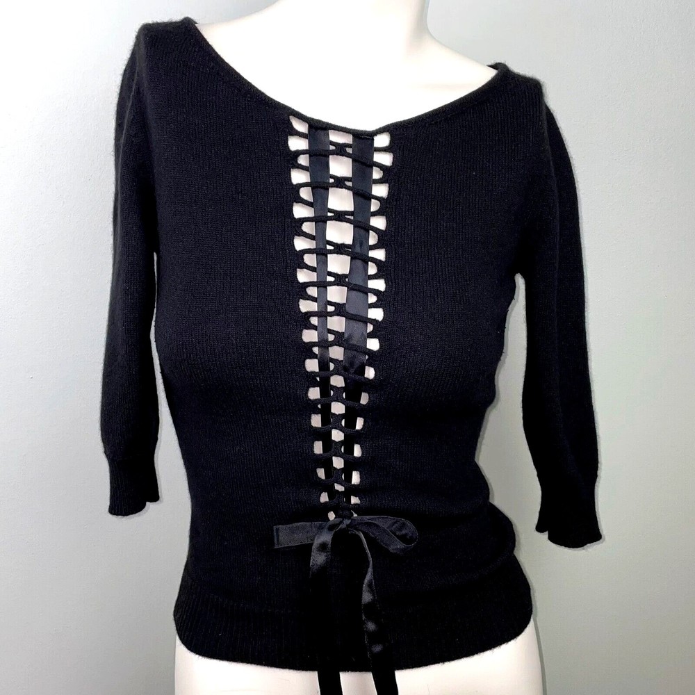Valentino Spa Vintage 90's Lace Up Black Sweater Virgin Wool Cashmere Women's S